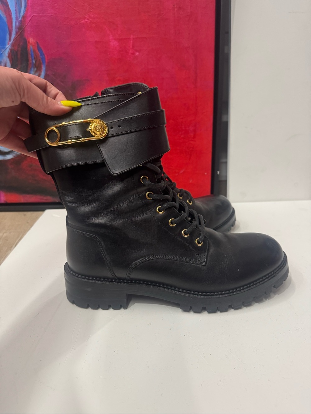 Versace Black Leather Combat Boots with Gold Medusa Hardware